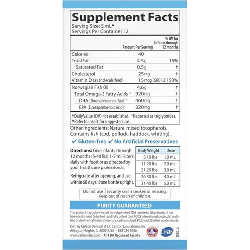 Carlson Labs Baby's DHA 920mg with Vitamin D3 2oz (60ml) - Brain & Memory at MySupplementShop by Carlson Labs