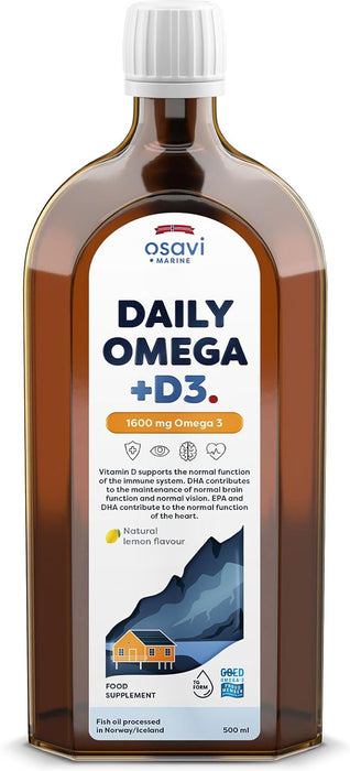 Osavi Daily Omega + D3, 1600mg Omega 3 (Natural Lemon) - 500ml - Health and Wellbeing at MySupplementShop by Osavi