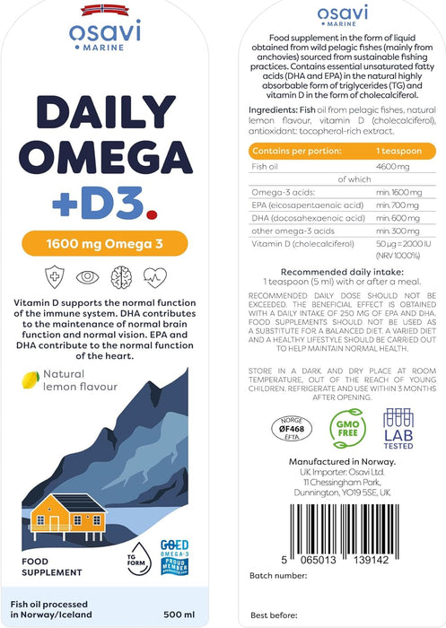 Osavi Daily Omega + D3, 1600mg Omega 3 (Natural Lemon) - 500ml - Health and Wellbeing at MySupplementShop by Osavi