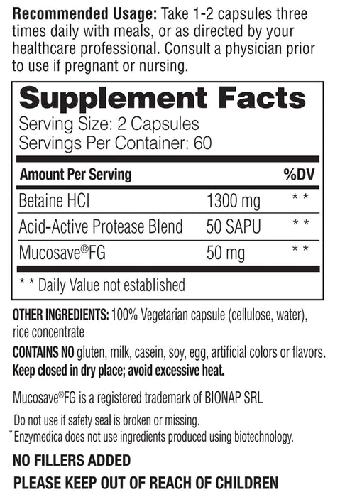 Enzymedica Betaine HCI 600mg 60 Capsules - Nutritional Supplement at MySupplementShop by Enzymedica