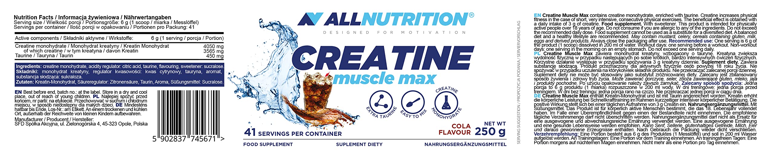 Creatine Muscle Max, Cola - 250g - Creatine Supplements at MySupplementShop by Allnutrition