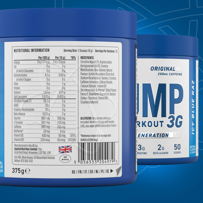 Applied Nutrition Pump 3G Pre-Workout, Icy Blue Raz - 375g - Beta-Alanine at MySupplementShop by Applied Nutrition