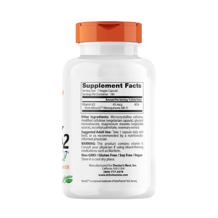 Doctor's Best Natural Vitamin K2 MK-7 with MenaQ7 45 mcg 180 Veggie Capsules
