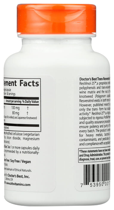 Doctor's Best Trans-Resveratrol with ResVinol-25, 100mg - 60 vcaps - Health and Wellbeing at MySupplementShop by Doctor's Best