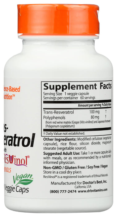 Doctor's Best Trans-Resveratrol with ResVinol-25, 100mg - 60 vcaps - Health and Wellbeing at MySupplementShop by Doctor's Best