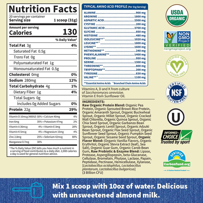Garden of Life Raw Organic Protein, Vanilla - 620g - Protein at MySupplementShop by Garden of Life