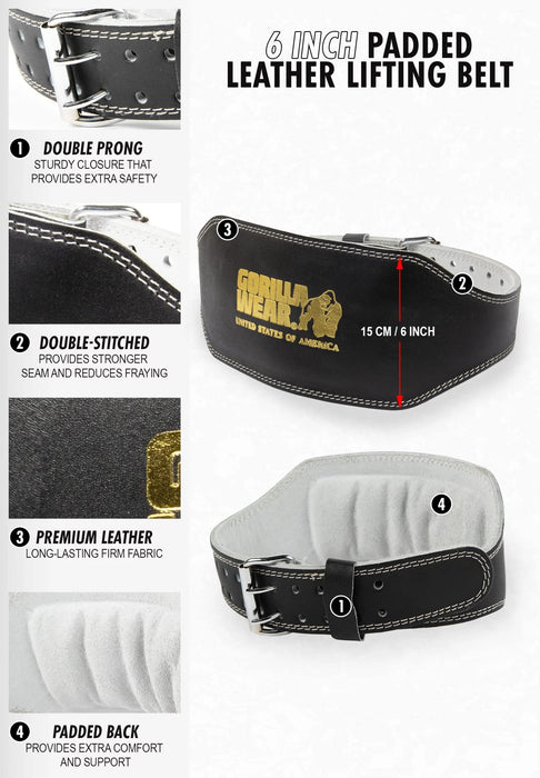 Gorilla Wear 6 Inch Padded Leather Lifting Belt Black/Black - Weight Lifting Belts at MySupplementShop by GORILLA WEAR