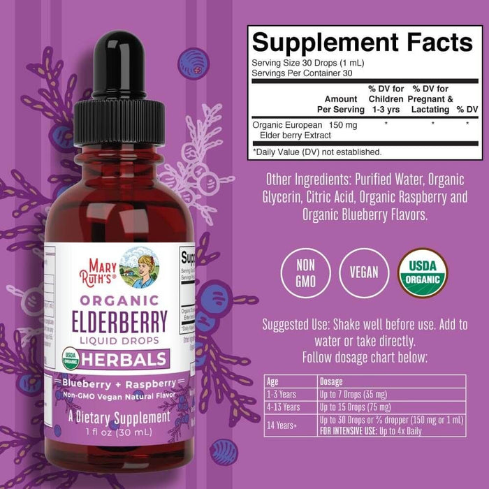 MaryRuth Organics Organic Elderberry Liquid Drops Blueberry & Raspberry  30 ml. - Health and Wellbeing at MySupplementShop by MaryRuth Organics