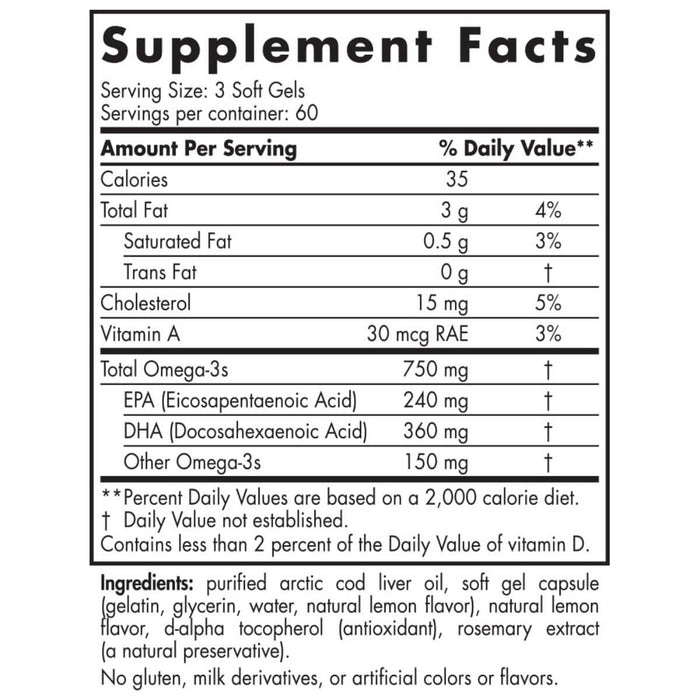 Nordic Naturals Arctic Cod Liver Oil 750mg Omega-3 180 Softgels (Lemon) - Health and Wellbeing at MySupplementShop by Nordic Naturals