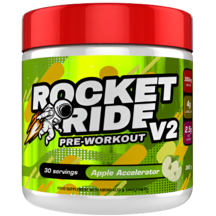 Pre-workout supplement container labeled 'Rocket Ride V2' on a white background