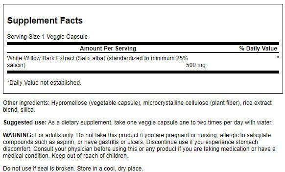 Swanson White Willow Bark Extract 500 mg 60 Veggie Capsules - Joint Support at MySupplementShop by Swanson