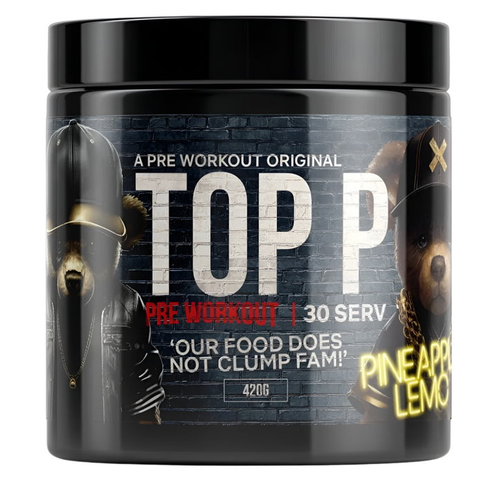 Pre-workout supplement container with branding and product details on a white background