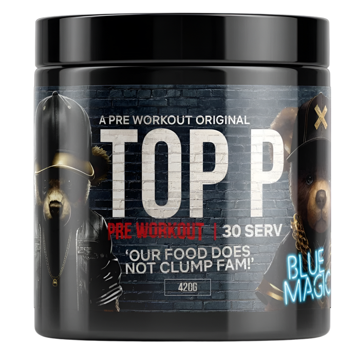 Pre-workout supplement container with branding and text on a white background