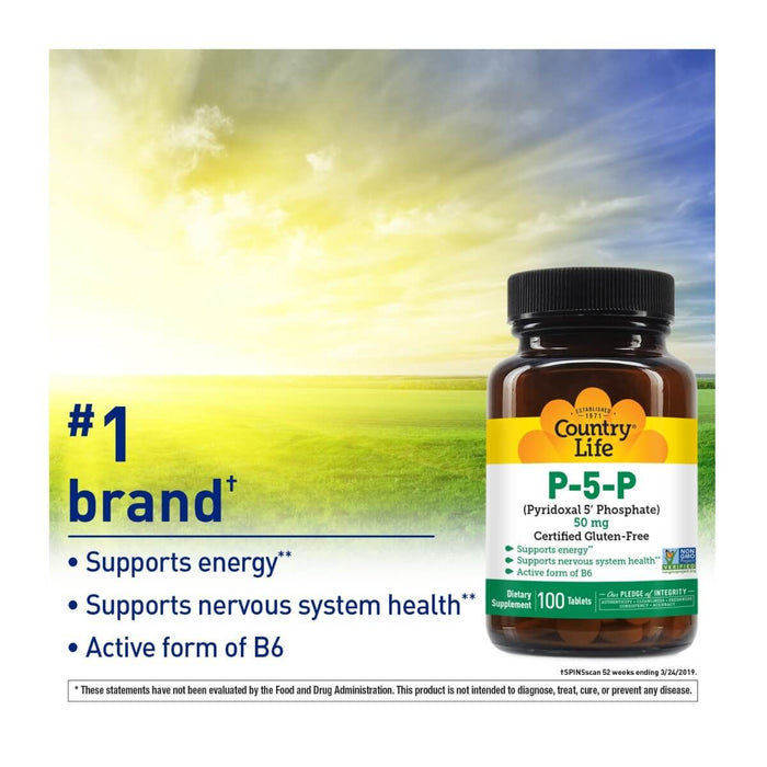 Country Life P-5-P (Pyridoxal-5-Phosphate) Vitamin B6 50mg 100 Tablets - Brain & Memory at MySupplementShop by Country Life