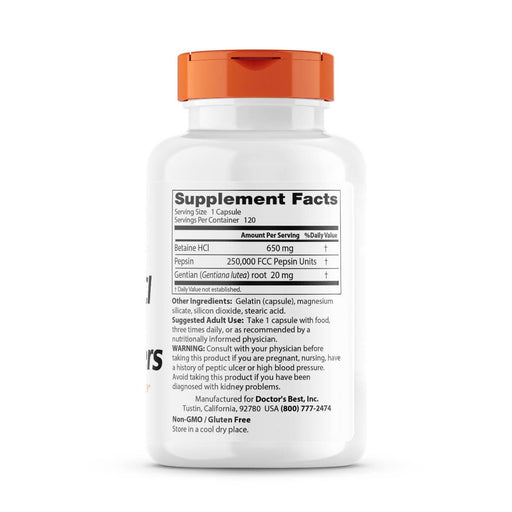 Doctor's Best Betaine HCL, Pepsin and Gentian Bitters 120 Capsules - Health and Wellbeing at MySupplementShop by Doctor's Best