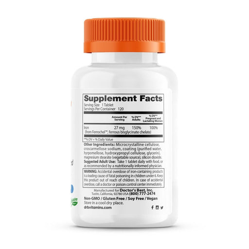 Doctor's Best High Absorption Iron with Ferrochel 27mg 120 Tablets - Vitamins & Minerals at MySupplementShop by Doctor's Best