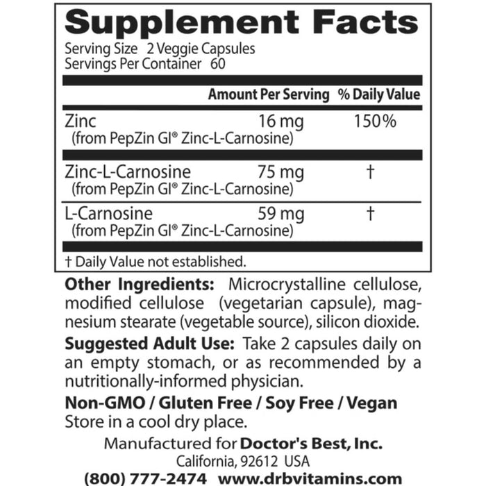 Doctor's Best PepZin GI, Zinc-L-Carnosine Complex 120 Veggie Capsules - Health and Wellbeing at MySupplementShop by Doctor's Best