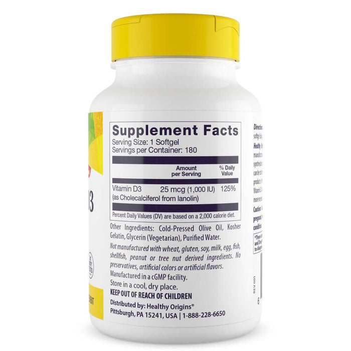 Healthy Origins Vitamin D3 1,000iu 180 Softgels - Immune Support at MySupplementShop by Healthy Origins