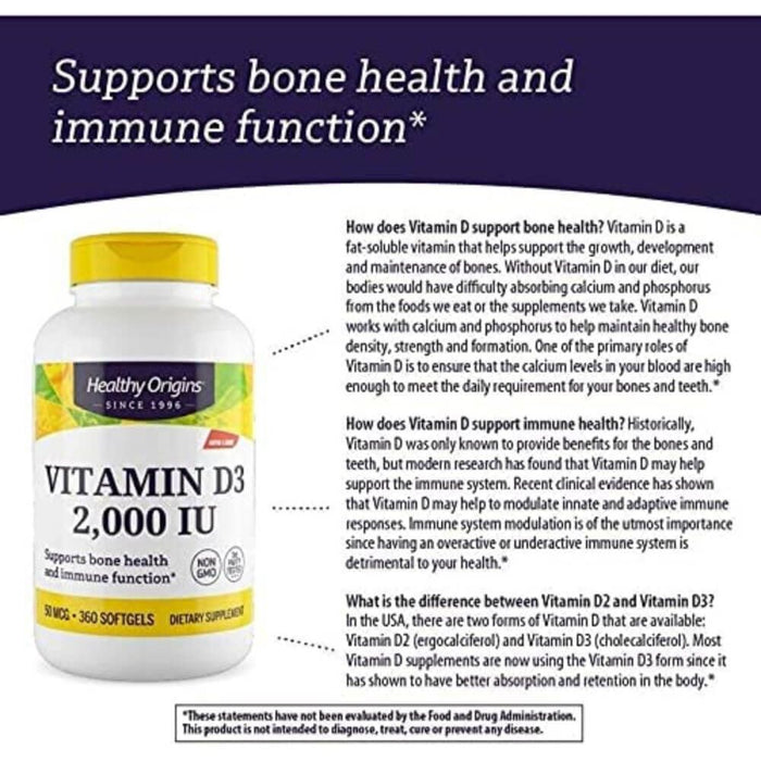 Healthy Origins Vitamin D3 2,000iu 120 Softgels - Immune Support at MySupplementShop by Healthy Origins