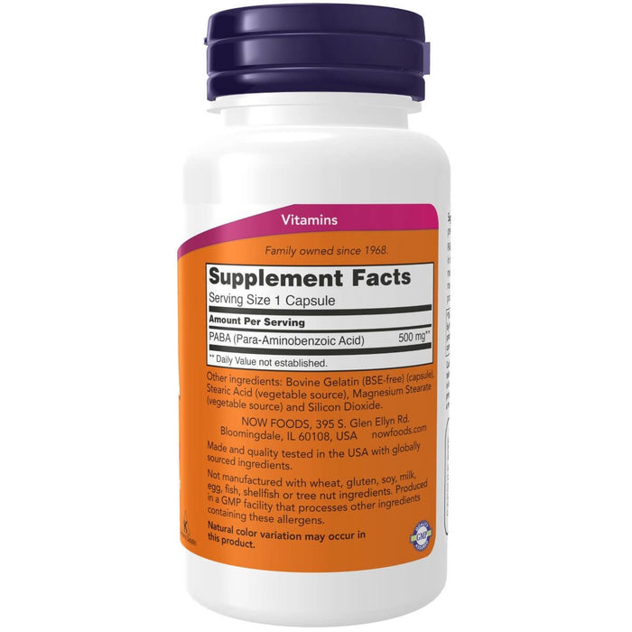 NOW Foods PABA (Para-Aminobenzoic Acid) 500 mg 100 Capsules - Vitamins & Minerals at MySupplementShop by NOW Foods