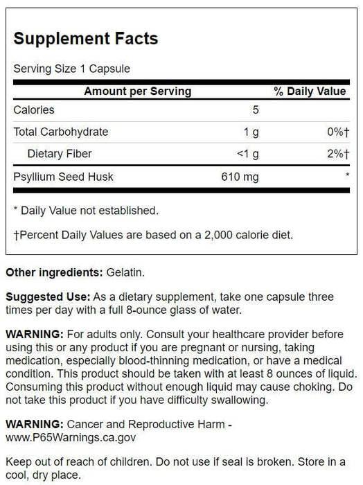 Swanson Psyllium Husks 610 mg 300 Capsules - Health and Wellbeing at MySupplementShop by Swanson