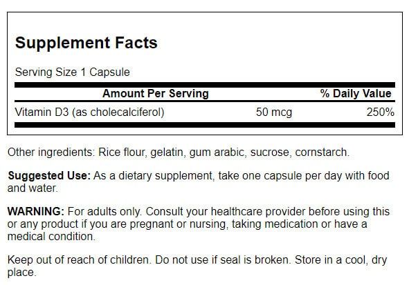 Swanson Vitamin D3 Higher Potency 2,000 IU (50 mcg) 250 Capsules - Vitamins & Minerals at MySupplementShop by Swanson