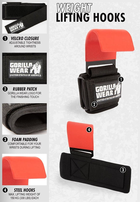 Gorilla Wear Weight Lifting Hooks - Black & Red