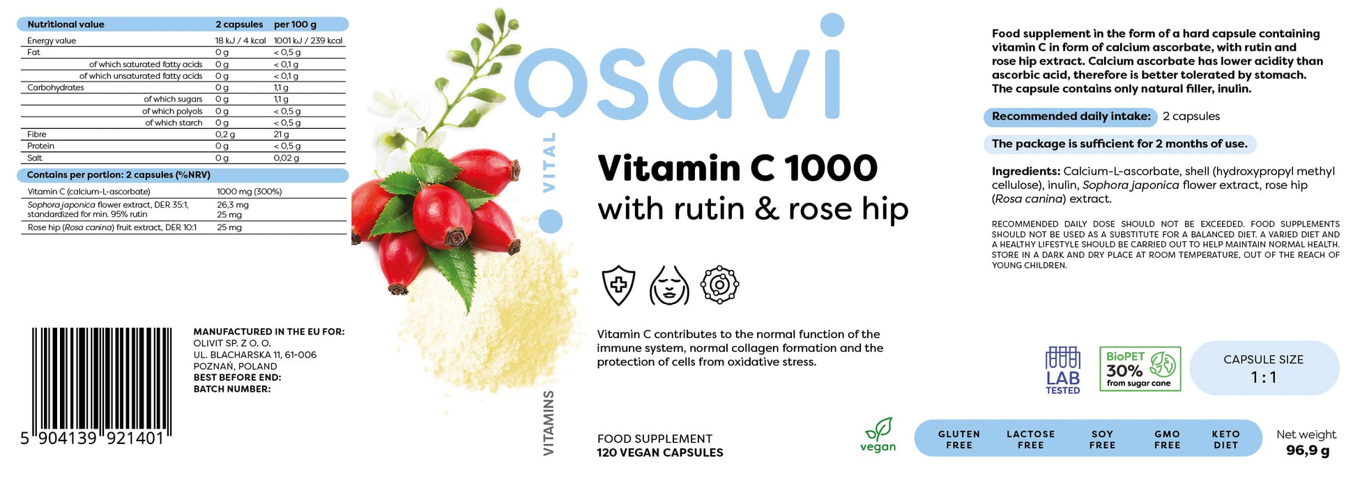 Osavi Vitamin C1000 with Rutin & Rose Hip - 120 vegan caps - Vitamins & Minerals at MySupplementShop by Osavi