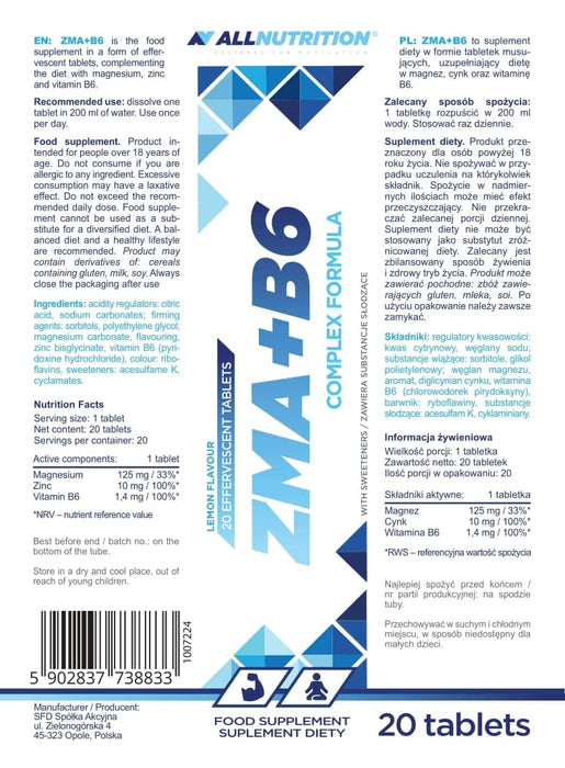 Allnutrition ZMA + B6, Lemon - 20 effervescent tabs - Combination Multivitamins & Minerals at MySupplementShop by Allnutrition