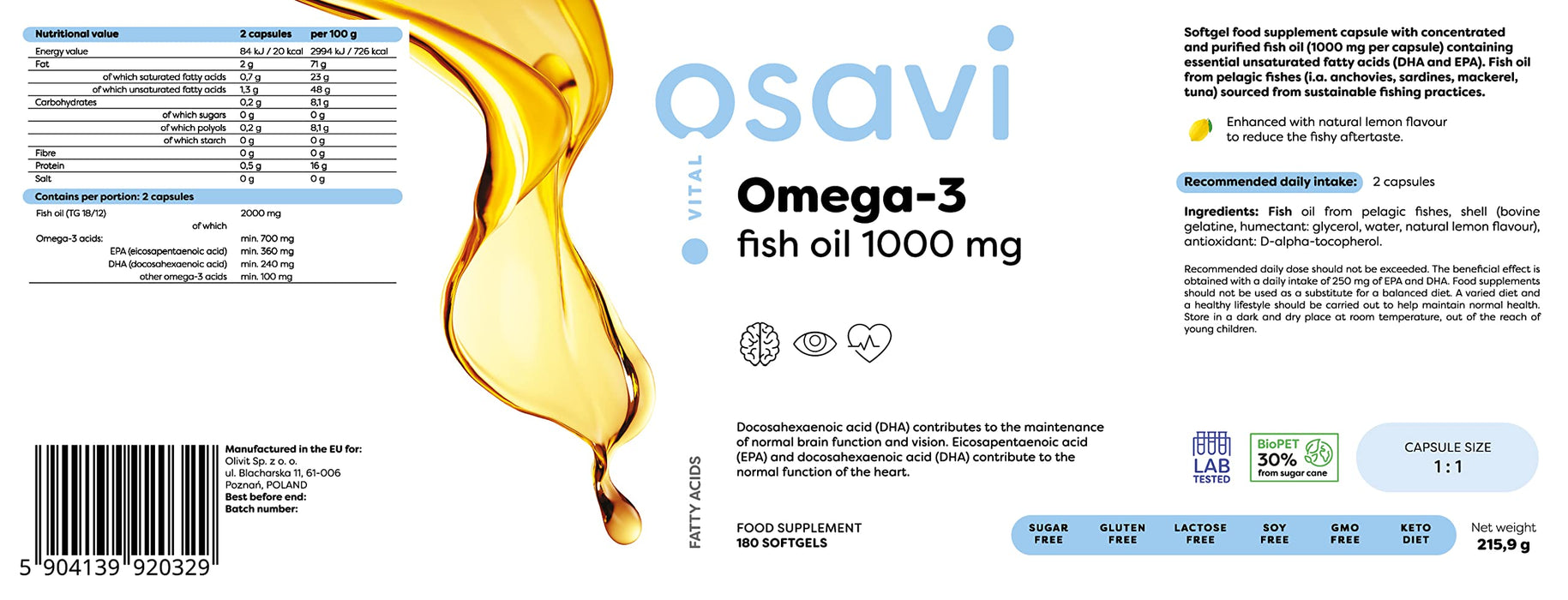 Omega-3 Fish Oil, 1000mg (Lemon) - 180 softgels - Omega-3 at MySupplementShop by Osavi