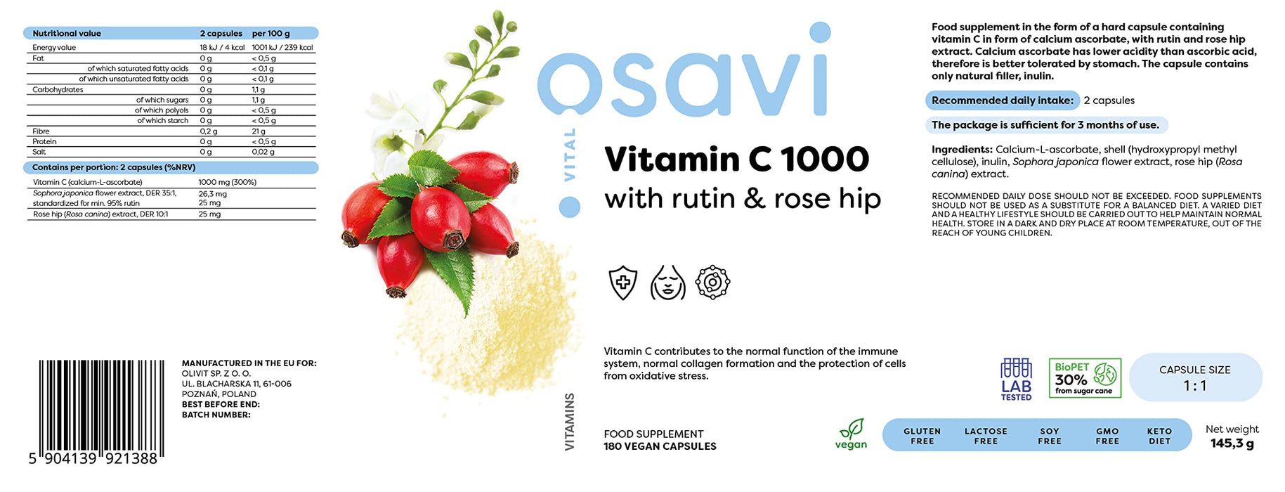 Osavi Vitamin C1000 with Rutin & Rose Hip - 180 vegan caps - Vitamin C at MySupplementShop by Osavi