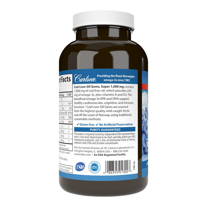 Carlson Labs Wild Norwegian Cod Liver Oil Gems, 1000mg - 250 softgels - Omegas, EFAs, CLA, Oils at MySupplementShop by Carlson Labs