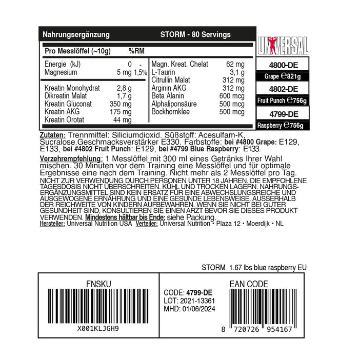 Universal Nutrition Storm, Blue Raspberry - 750 grams - Creatine Supplements at MySupplementShop by Universal Nutrition