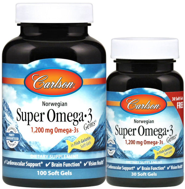 Carlson Labs Norwegian Super Omega-3 Gems, 1200mg - 100 + 30 softgels - Omegas, EFAs, CLA, Oils at MySupplementShop by Carlson Labs